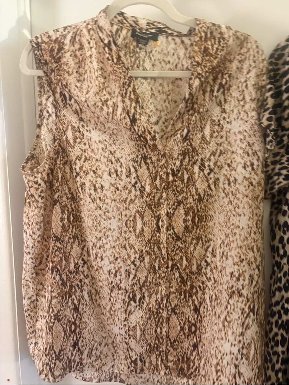 Sleeveless Lord & Taylor Cream and Brown Snake-Print V-Neck Blouse